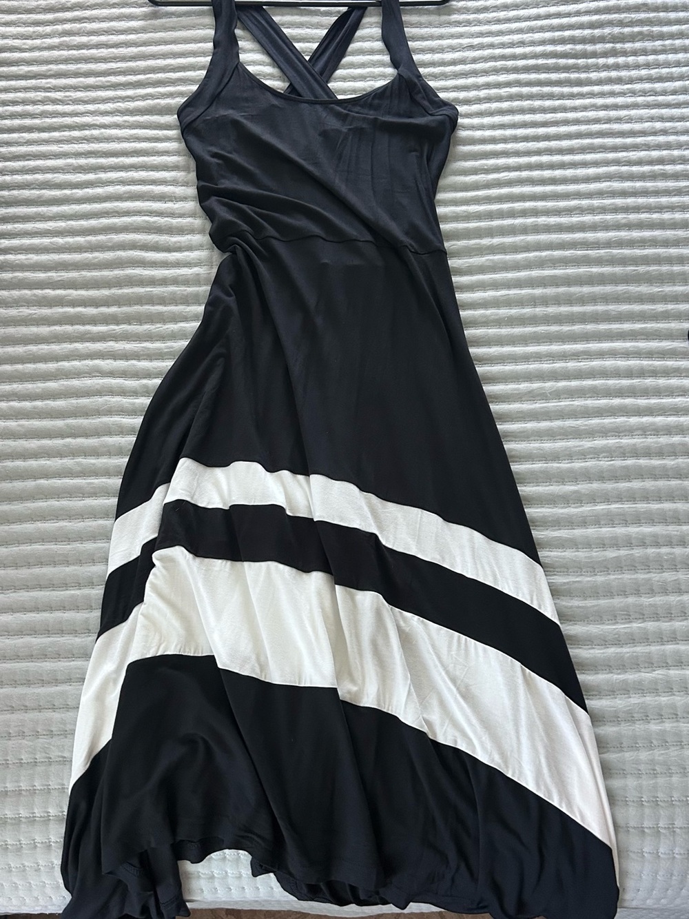 VENUS Black and White Striped Maxi Dress with Cross-Back Straps NWOT